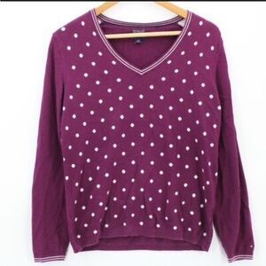 Tommy Hilfiger Woman's M Magenta and White Polka Dot V-Neck Sweater